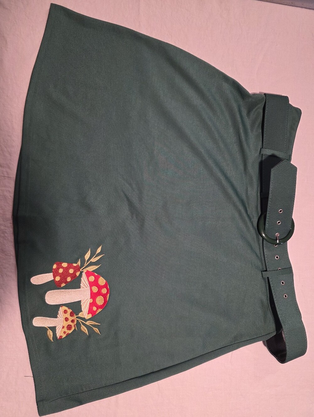 Green A-Line Skirt with Mushroom Embroidery
